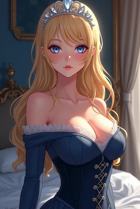 Anime, Scandinavian Princess, sexy, honey blonde hair, blue eyes, large breasts, dark blue off-shoulder dress, corset, diamond tiara
