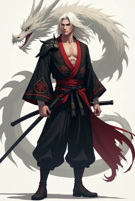 "Full-body image of a powerful, lean samurai with longer, loose white hair flowing gently around him, and intense amber eyes. His body is slender but defined, showcasing a toned, athletic physique. He wears a sleek, black kimono-style shirt with red accent...