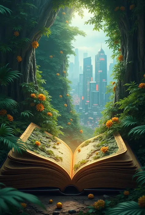 A book with pages that have a jungle and city buildings inside