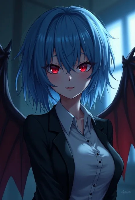 ((( Remilia Scarlett))), ( bat wing ), (vampire), Short hair, (((Blue Hair))), (( permanent)), (((( face close-up)))), ((jacket,  tight shirt )), Smile,, 