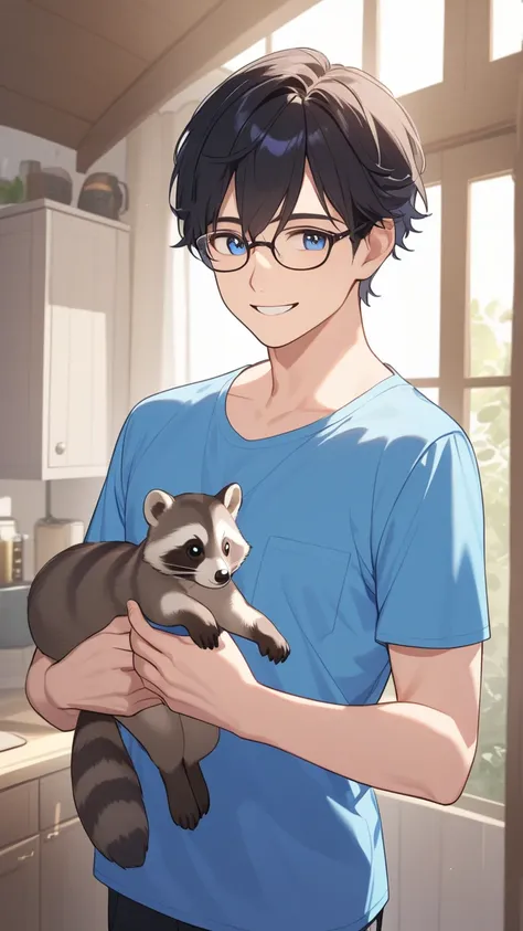 A man with glasses, black hair and a blue shirt is holding a raccoon in his house and is smiling slightly.