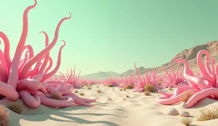 landscape of a desolate desert planet which has a pale pastel green hue. No people. Clear sky. Large pastel pink tentacles of different lengths are growing out of the ground, like plants, all the way from foreground to the distance, the tentacles are smoot...