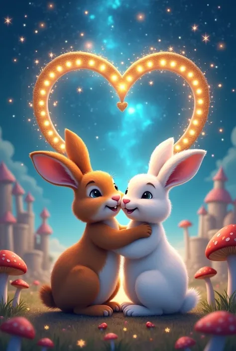  2 CARTOON RABBITS EMBRACING EACH OTHER , Happy and in love,  ONE WHITE FEMALE AND ONE BROWN MALE , IN FRONT OF AN ILLUMINATED GOLDEN INFINITY SYMBOL ADORNED WITH SHINY ORNAMENTS,  WITH A MAGIC BLUE GALAXY BACKGROUND , stars, cure, clouds, CASTLE AND MUSHR...