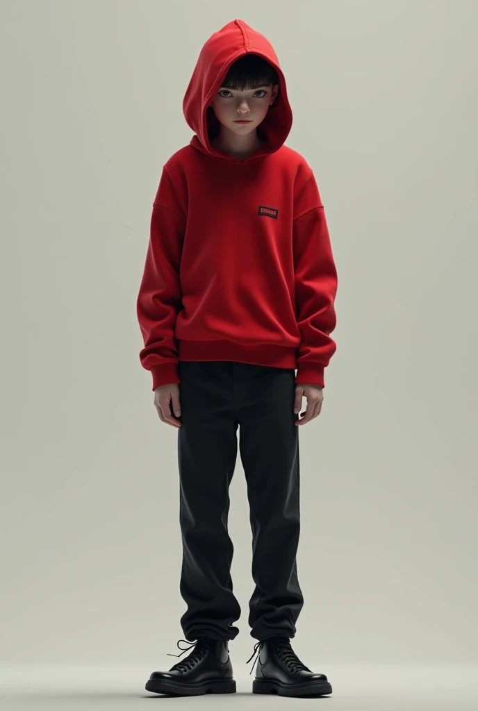 a tall teenager with a red sweater covering his head, black pants, and black shoes is facing the back, the hairstyle is undercut, sharp face, and black eyes,white skin,handsome