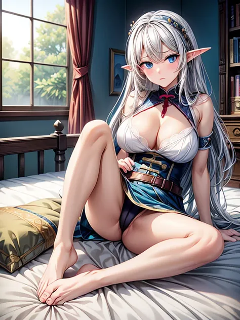  Masterpiece,masterpiece, top quality, portrait, manga style , 1 woman ,Teenagers , slave,full body,indoor,Classic bedroom , sits on a bed,Elf, big breasts, cleavage, sexy clothes,  blue eyes, White Hair, slaveの首輪, slaveの手錠,barefoot, sad expression 