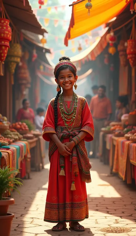 A  posing towards a the camera with a smiling face in a marketplace 
