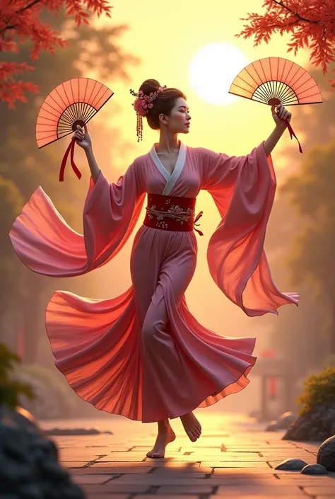 Geisha danse avec des éventails dans les mains une jambe levée, un bras plus haut que l autre, au soleil couchant 
