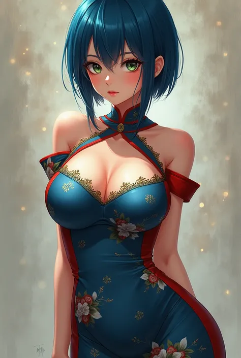 A thicc anime girl,  short blue pixie haircut,  dark green eyes,  Big Breasts, blue and red Chinese dress 