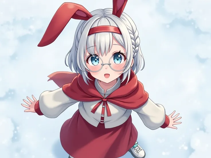  girl, white hair, blue eyes, braid on one side, wearing transparent glasses, rabbit ears, red headdress, red shawl, white long-sleeved shirt, red long skirt, white sneakers, virtual images, snow  /  happy ,  close-up shots , Red hood looking up , 