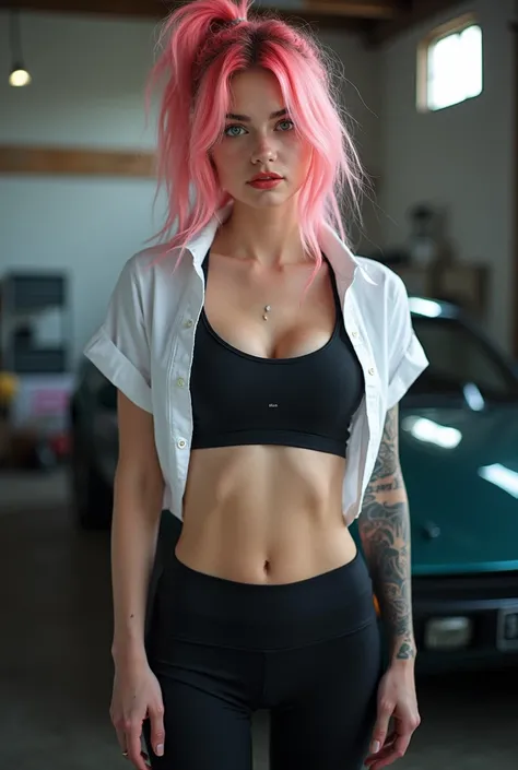 (masterpiece), (photorealistic:1.2), professional color photograph, intricate details, (best image quality), photograph, high resolution, sharp focus. 
young sexy girl does in garage near car, mechanic, All body of Fit Woman with pink hair messy hair, blue...