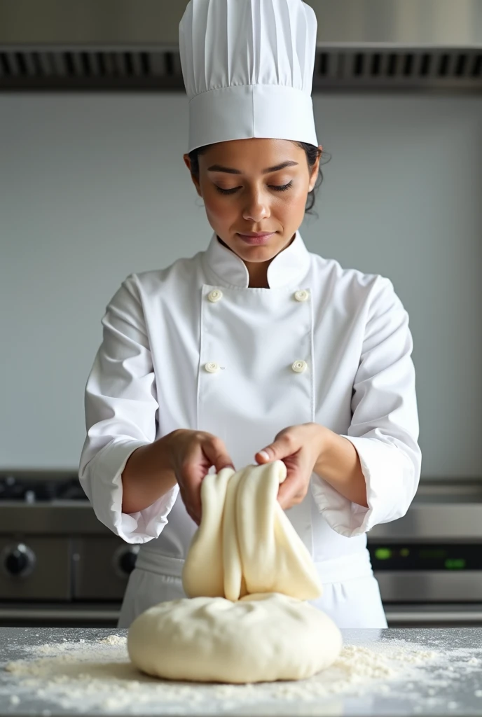 A young, light-skinned culinary arts student from the United States or Latinx wears a professional white chefs uniform and a traditional white chefs hat. She stands in front of a stainless steel counter, skillfully stretching and manipulating a large porti...