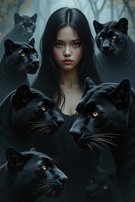  Girl with black hair and brown eyes , surrounded by dark jaguars 
