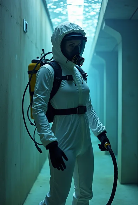 40 years old sexy woman wearing  white sexy tight see through lycra  hazmatsuit scuba  gear while they searching for  the biohazard situation inside a underwater building, suddenly unzipping her suit  and start breathing harder from her oxygen hose  while ...