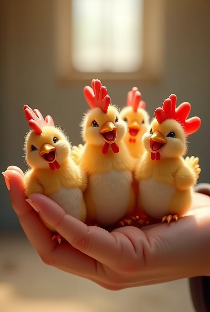 Five right-handed roosters from a chapal .  They are yawning or opening their mouths playfully. He is very small, with soft and fluffy fur, and small claws resting on the finger. the background is blurred,  focusing all attention on the puppys adorable fea...