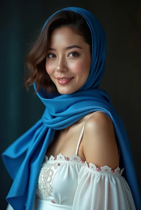 A beautiful French-looking woman,  dark brown hair , She smiles and has a cheerful face,wears a white Chanel dress with a long blue silk scarf and a blue headscarf like Audrin Heburn,  standing in a photo studio ,  photorealistic ,  very detailed , dramati...