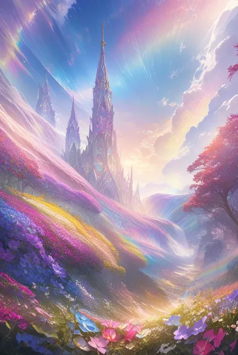 Two vibrant rainbows arching over a breathtaking beautiful fantasy flower field, creating a picturesque and ethereal atmosphere, photorealistic perfection in the highest resolution, a true oil painting masterpiece 