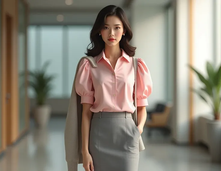   A gray pencil skirt combined with a button down shirt in pastel pink,  shoes with slightly puffed sleeves and a thin sweater over the shoulders . Add small earrings and kitten heels 