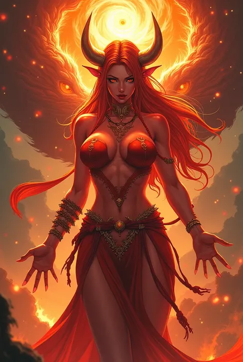 Goddess of fire and boars. Anime. Red skin. Large breasts. Extremely muscular yet feminine. Powerful. Boars head. 