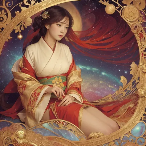 Art Nouveau. Renaissance. Full-length photo. Alphonse Mucha style. Background is a galaxy with soft shadows. Sculpture of a seated profile of a Japanese woman, Santa Girl, wearing a Japanese red kimono, falling to the ground looking up from below.