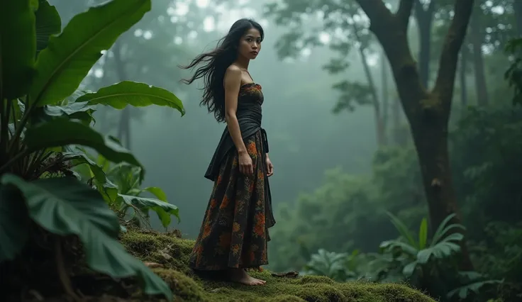 {
    "prompt": "A beautiful 30-year-old Indonesian woman with dark, flowing hair, standing on a moss-covered stone in a misty tropical rainforest. Her expression is serious and intense, her gaze fixed straight ahead, as if shes facing some internal strugg...