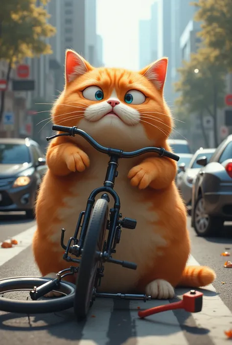 Chubby ginger cat going home on bike had an accident with car which cause cat many injuries 