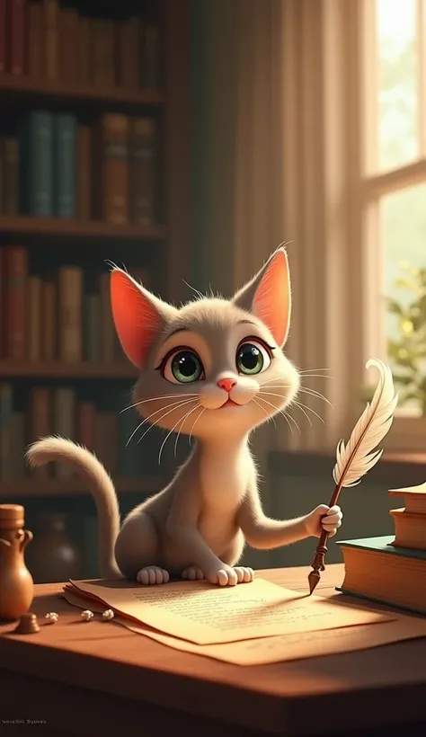 Image: An animation of a cat, Whiskers, appearing with a quill pen

Narrator: "Whiskers was her name, and poetry was her game."