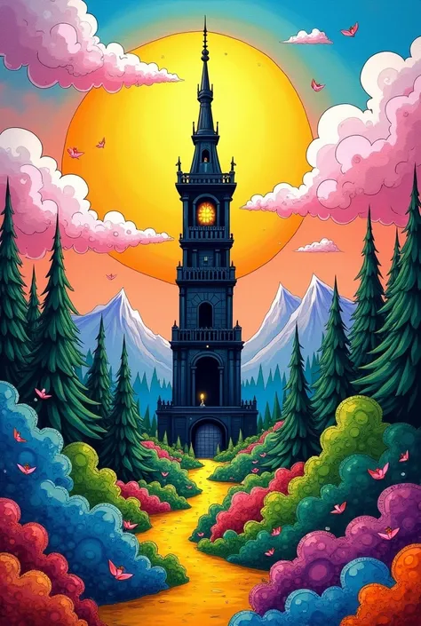 The screen is filled with coloring paper placed on the desk、 The coloring paper depicts a forest, a tower, clouds, and the sun、 The forest, clouds, sun, and sky are colorfully painted with colored pencils、Only the tower is painted black with a marker pen