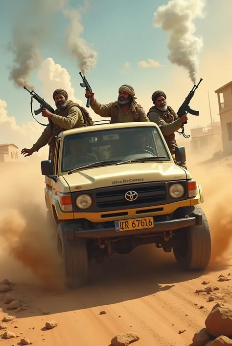 3 somali warriors in a land cruiser pick up speeding, smoking big joints and firing ak 47s