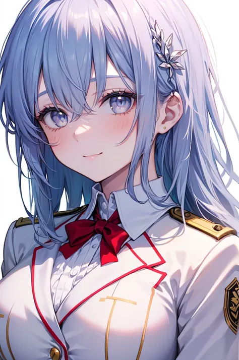 Masterpiece, ((1 girl)), ((Best Quality)), (Ultra-detailed), Highly detailed, (Portrait), ((Big breasts)), ((Long Hair, Blue hair, Silver eyes)), ((20-years-old, Young girl)), ((White Skin)), (Full White Blazer Uniform, White Blazer, Blue gemstone hair orn...