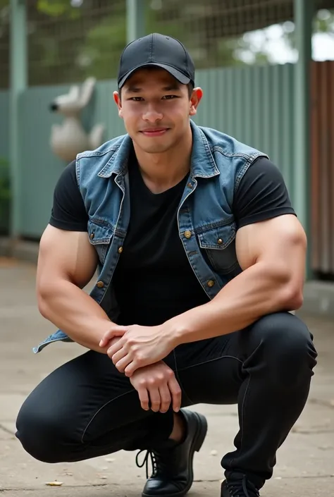 A Korean man wearing a black t-shirt , Denim Shirt  , Black baseball cap , (((Big arm muscles,  tight breasts ,  Muscle Bundle, ))), ((( Black Jeans .  stares at the camera with a thin smile ))), (((Men with short hair))), (((, big muscles, big torso))), (...