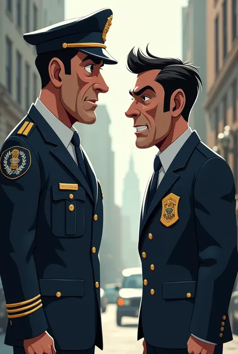  Police Commissioner  (left) and the cartoon-style  (Right)  who look at each other as a confrontation