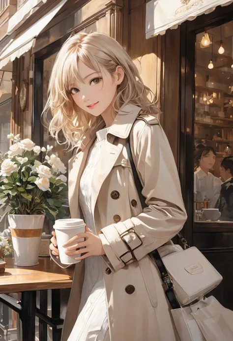  dynamic full body shot of a beautiful charming young anime girl {x} flexible and fine texture air brush oil painting realistic romantic art style gentle and light luxury coffee shop outside the window，Girl wearing white coat wearing boots holding a takeaw...