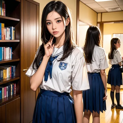 Young woman, sincere and gentle expression, student figure, wearing a neat school uniform, long or medium-length modest hairstyle, gaze with a hint of worry but determination, dormitory setting or scenes with books, helping others or calmly talking gesture...