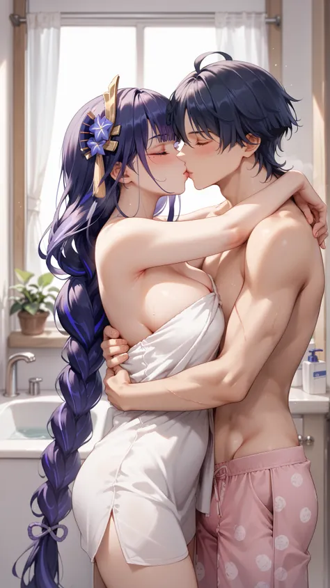 1woman, office lady, raiden shogun (genshin impact), wrapped with white towel, cleavage, 1boy, scaramouche (genshin impact), wearing pajama, hug, kissing, blushing, standing pose, inside bathroom, morning