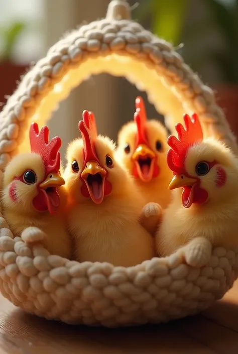 Four roosters inside a lamp.  They are yawning or opening their mouths playfully. He is very small, with soft and fluffy fur. the background is blurred,  focusing all attention on the puppys adorable features . The overall atmosphere is warm and cuddly,  i...