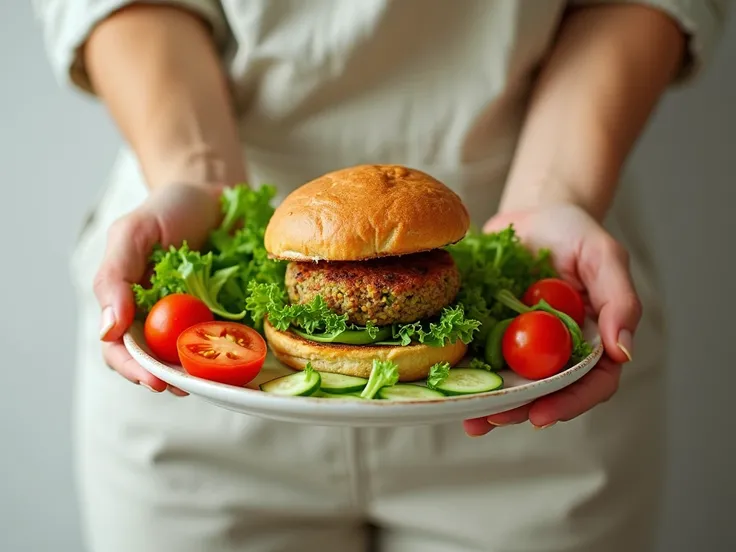 Image of a hand holding a plate with pea burger ,  surrounded by fresh vegetables ,  showing how easy it is to include peas in vegetarian and tasty meals.  REALISTIC IMAGE.