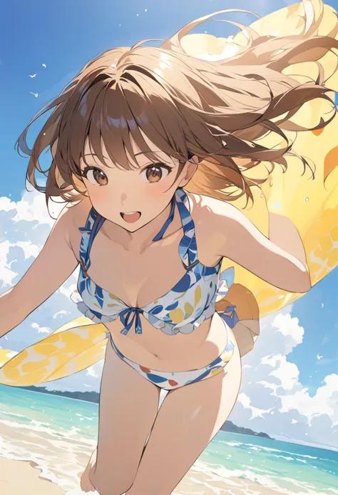 brown bob haired girl frolicking at the beach in a swimsuit 、茶髪ボブヘアの女の子