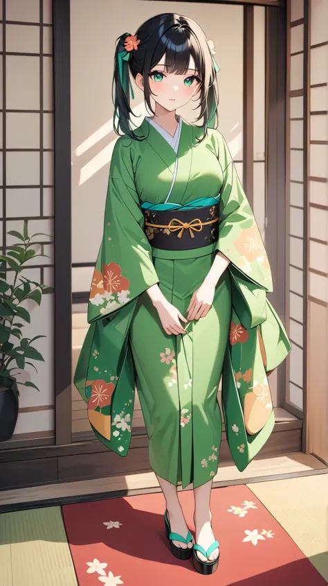 A woman wearing a japanese kimono uniform.A woman wearing a miniskirt, impressive cute shoes.
.Her is the whole body standing. green in color, sexy and popular with women all over the world. She likes the color green. Front view from head to toe. Sexy shoe...