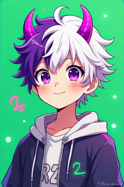 "Masterpiece, anime-style inspired by Boku no Hero Academia, highly stylized, designed as a Twitch emote. Medium close-up shot of a boy with clean white skin and short, wavy hair, split into two colors: white on the right side and neon purple on the left. ...