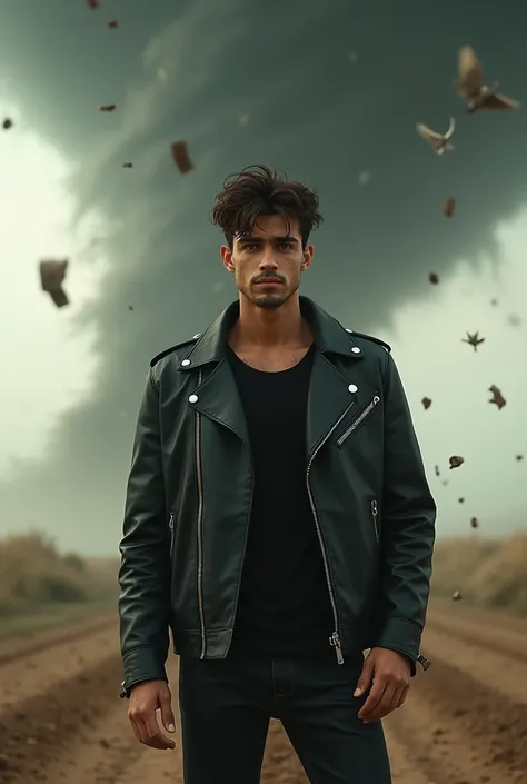 A handsome 21 year old boy with a slight stubble and dark brown messy hair. His eyes are amber and he is weaeing a black leather jacket. He is standing in the middle of a tornado