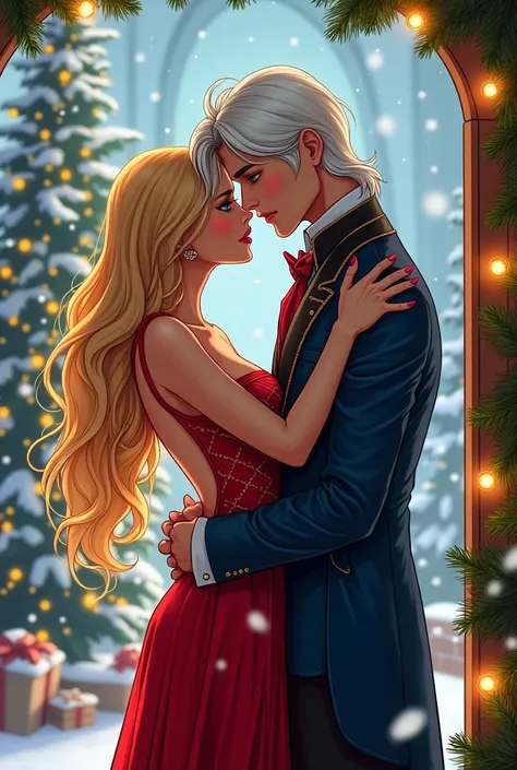 An incredibly beautiful young femme fatale blonde with long golden thick well-groomed hair, long bangs and blue eyes, in a luxurious evening dress with an open back, kisses a tall, handsome, statuesque young man with long white beautiful well-groomed hair ...