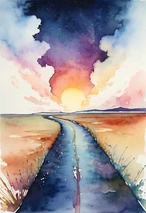 A horizon with two paths: one dark and one light, artistic, watercolor