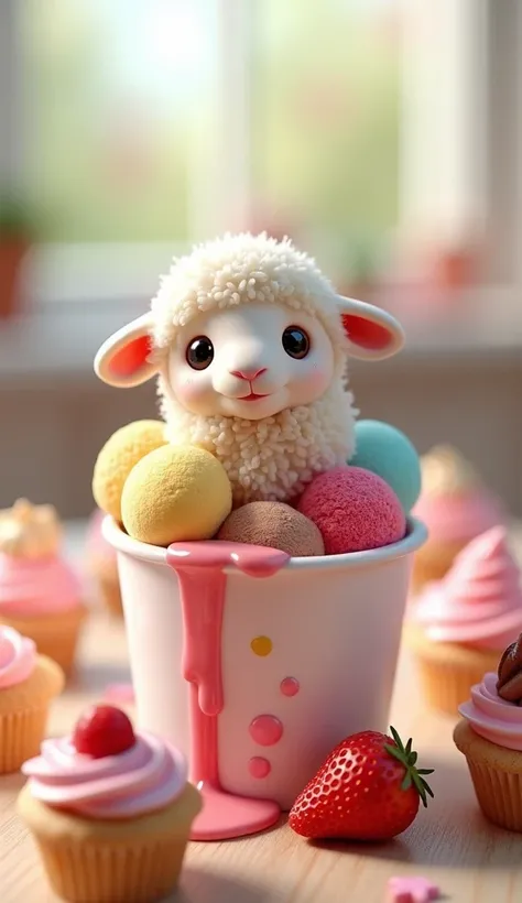 } A super cute and ultra realistic sheep delicately inside a cup of Giant ice cream,  with their fluffy body surrounded by several colorful ice cream balls , like strawberry, vanilla and chocolate.  Its soft coat is partially soiled with delicately flowing...