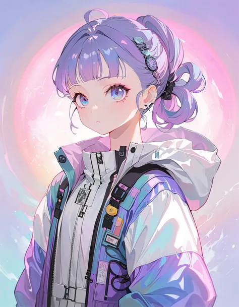 masterpiece,  highest image quality taken by Ki,  very clear ,  anime girl with a knotted ponytail, 娇 small身材, Enamel-like glossy white and dark blue functional coat ,  small, Blue-purple gradient ski goggles ,  Cyberpunk, 紺色の髪,  Natural Casual Style ,  Dy...