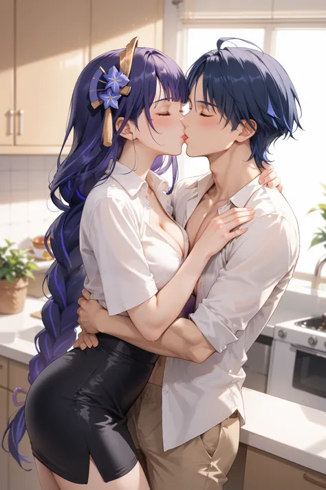 1woman, office lady, raiden shogun (genshin impact), wearing white buttoned shirt, cleavage, wearing red short pencil skirt, 1boy, scaramouche (genshin impact), wearing pajama, hug, kissing forehead,  blushing, standing pose, inside kitchen, morning