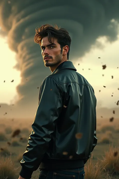 A handsome 21 year old boy with a slight stubble and dark brown messy hair. His eyes are amber and he is weaeing a black leather jacket. He is standing in the middle of a tornado with his back facing the screen