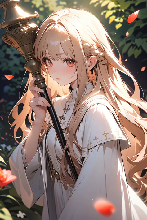 1 girl, (serene face), young adult, wavy long hair, (dressed in a clerics gown with holy symbols), small breasts, petite, (holding a glowing mace),  
BREAK  
picturesque path adorned with colorful flower petals, peaceful garden in the background, (gently t...