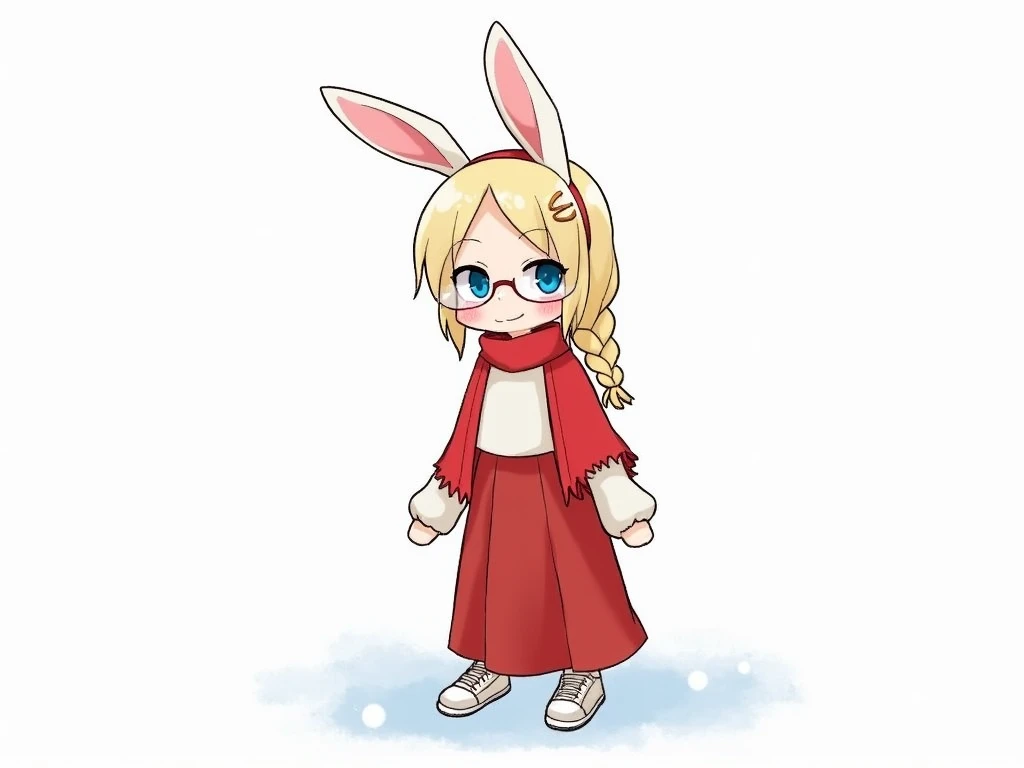 Girl, light hair, blue eyes, one-sided braid, wearing clear glasses, rabbit ears, red headdress, red shawl, white long sleeve blouse, red long skirt, white sneakers, cartoon image, snow, simple background, 