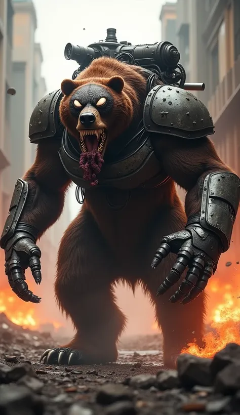 "Generate an image of a monstrous hybrid combining the body of a bear, Venom’s symbiotic traits, and tank-like armor and weaponry. The creature has dark brown fur with metallic tank armor plates covering its back, shoulders, and legs. Enormous mechanical c...