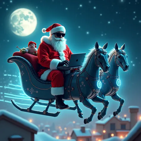 "Imagine Santa Claus, dressed in his classic red suit with white fur trim, but with a modern twist – he looks like a hacker. He wears dark sunglasses and has a digital face mask, giving him a tech-savvy, mysterious vibe. Santa is flying through the night s...